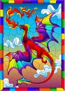 Stained glass illustration with bright dragon with flames against the sky and clouds background, in bright frame