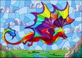 Stained glass illustration with bright dragon on landscape and blue sky background