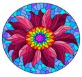 Stained glass illustration with bright flower on a blue sky background,oval image