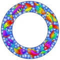 Stained glass illustration with bright frame with rainbow abstract fishes on a blue background
