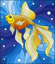 Stained glass illustration with bright gold fish on the background of water and air bubbles Royalty Free Stock Photo