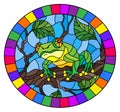 Stained glass illustration with bright green frog on plant branches background with leaves on blue background, round image in bri