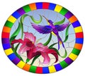 Stained glass illustration with bright Hummingbird against the sky, foliage and flower of Lily, oval image in bright frame Royalty Free Stock Photo