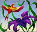 Stained glass illustration with bright Hummingbird against the sky, foliage and flower of purple Lily Royalty Free Stock Photo