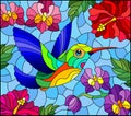 Stained glass illustration with a bright Hummingbird bird on the background of the sky and flowers of orchids and hibiscus