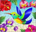 Stained glass illustration with a bright Hummingbird bird on the background of the sky and flowers of orchids and hibiscus