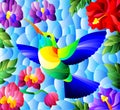 Stained glass illustration with a bright Hummingbird bird on the background of the sky and flowers of orchids and hibiscus