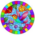 Stained glass illustration with a bright Hummingbird bird on the background of the sky and flowers of orchids and hibiscus, oval