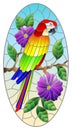 Stained glass illustration with a bright parrot on a background of flowers and blue sky, oval image