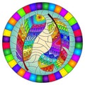 Stained glass illustration with bright patterned rainbow feathers on a blue sky background, round image in bright frame