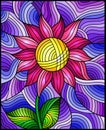 Stained glass illustration with  bright pink abstract flower on a purple wavy background Royalty Free Stock Photo