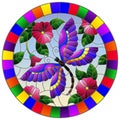 Stained glass illustration with a bright pink flowera and purple dragonfly on a sky background, round image in bright frame