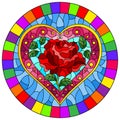 Stained glass illustration with bright pink heart and red rose flower on blue background, oval image in bright frame Royalty Free Stock Photo