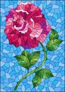 Stained glass illustration with a bright pink rose flower on a blue background, rectangular image Royalty Free Stock Photo