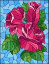 Stained glass illustration with a bright pink roses flowers on a blue background, rectangular image Royalty Free Stock Photo