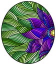 Stained glass illustration with  bright purple abstract flower on a green wavy background, oval image Royalty Free Stock Photo