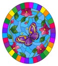 Stained glass illustration  with a bright purple  butterfly on a background of pink flowers and sky , oval image in bright frame Royalty Free Stock Photo