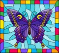 Stained glass illustration with bright purple butterfly on a blue background in a bright frame Royalty Free Stock Photo