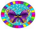 Stained glass illustration with a bright purple butterfly on a blue background in a bright frame, oval image Royalty Free Stock Photo