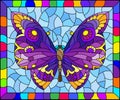 Stained glass illustration with  a bright purple butterfly on a blue background in a bright frame, rectangular image Royalty Free Stock Photo