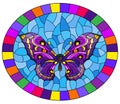 Stained glass illustration with  bright purple butterfly on blue background, oval picture in bright frame Royalty Free Stock Photo
