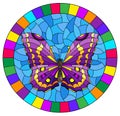 Stained glass illustration with bright purple butterfly on blue background, oval picture in bright frame Royalty Free Stock Photo