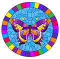 Stained glass illustration with bright purple butterfly on blue background, oval picture in bright frame Royalty Free Stock Photo