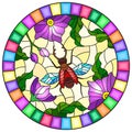 Stained glass illustration with a bright purple flowers and  red bug on a yellow background, round image in bright frame Royalty Free Stock Photo