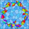 Stained glass illustration with  bright rainbow abstract fish on a blue background Royalty Free Stock Photo