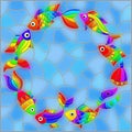 Stained glass illustration with  bright rainbow abstract fish on a blue background Royalty Free Stock Photo