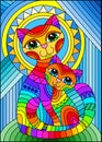 Stained glass illustration with a bright rainbow cat and kitten on the background of an abstract geometric sky and sun, rectangula