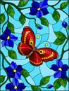 Stained glass illustration with a bright red butterfly on a background of blue flowers and sky Royalty Free Stock Photo