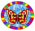 Stained glass illustration with bright red butterfly on a blue background, oval picture in a bright frame Royalty Free Stock Photo