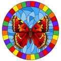 Stained glass illustration with bright red butterfly on a blue background, oval picture in a bright frame Royalty Free Stock Photo