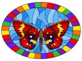 Stained glass illustration with bright red butterfly on a blue background, oval picture in a bright frame Royalty Free Stock Photo