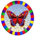 Stained glass illustration with bright red  butterfly on a sky  background, oval picture  in a bright frame Royalty Free Stock Photo