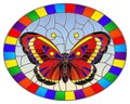 Stained glass illustration with  bright red  butterfly on a sky  background, oval picture  in a bright frame Royalty Free Stock Photo