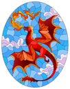 Stained glass illustration with bright red dragon with flames against the sky and clouds background, oval image