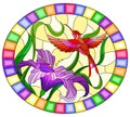 Stained glass illustration with bright red  Hummingbird against the foliage and purple flower of Lily, oval image in bright frame Royalty Free Stock Photo