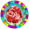 Stained glass illustration with  a bright red rose flower on a blue background, round image in bright frame Royalty Free Stock Photo