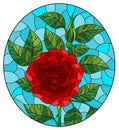 Stained glass illustration with a bright red roses flowers on a blue background, oval image Royalty Free Stock Photo