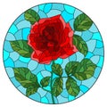 Stained glass illustration with  a bright red roses flowers on a blue background, oval image Royalty Free Stock Photo