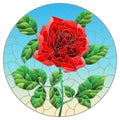 Stained glass illustration with  a bright red roses flowers on a blue background, oval image Royalty Free Stock Photo