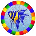 Stained glass illustration with bright scalar fish on the background of water and air bubbles, round image in frame