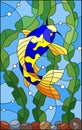 Stained glass illustration with bright spotted fish on the background of water, algae and air bubbles