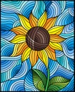 Stained glass illustration with  bright yellow abstract flower on a blue wavy background Royalty Free Stock Photo