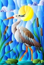 Stained glass illustration with brown heron , reeds on a pond in the sun, sky and clouds and sun