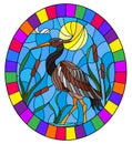 Stained glass illustration with brown heron , reeds on a pond in the sun, sky and clouds and sun ,oval image in bright frame