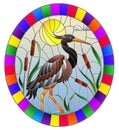 Stained glass illustration with brown heron , reeds on a pond in the sun, sky and clouds and sun ,oval image in bright frame