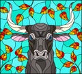 Stained glass illustration with bull head,on the background of autumn tree branches and the sky, a rectangular image